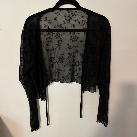 Sheer Mesh Floral Detail Lettuce Trim Tie Cardigan/Top - Picture 5 of 6